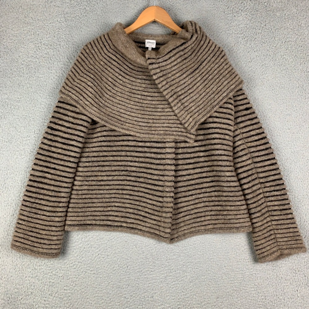 Armani Collezioni Striped Knit Jacket Women's Sz 4 Brown Shawl Collar Wool Blend